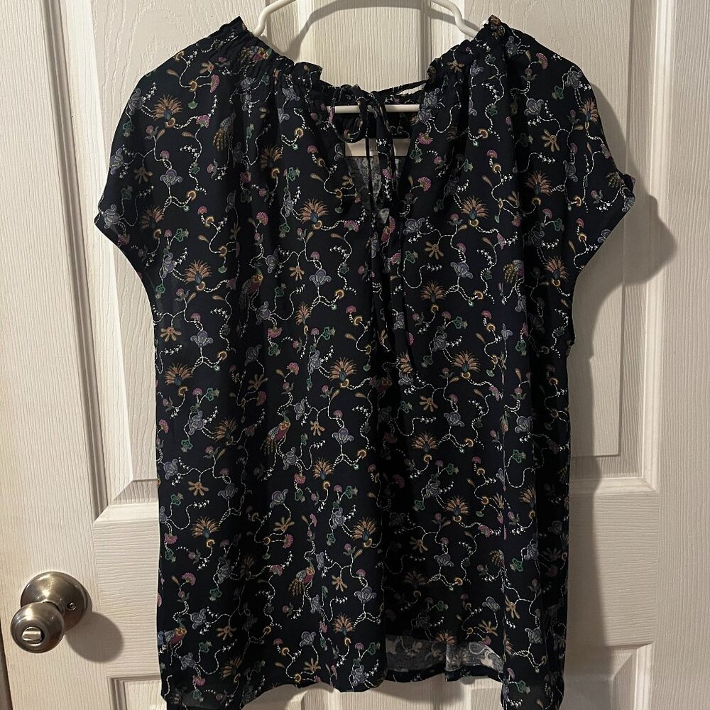 Loft Pheasant Ruffle Tie Neck Mixed Media Top